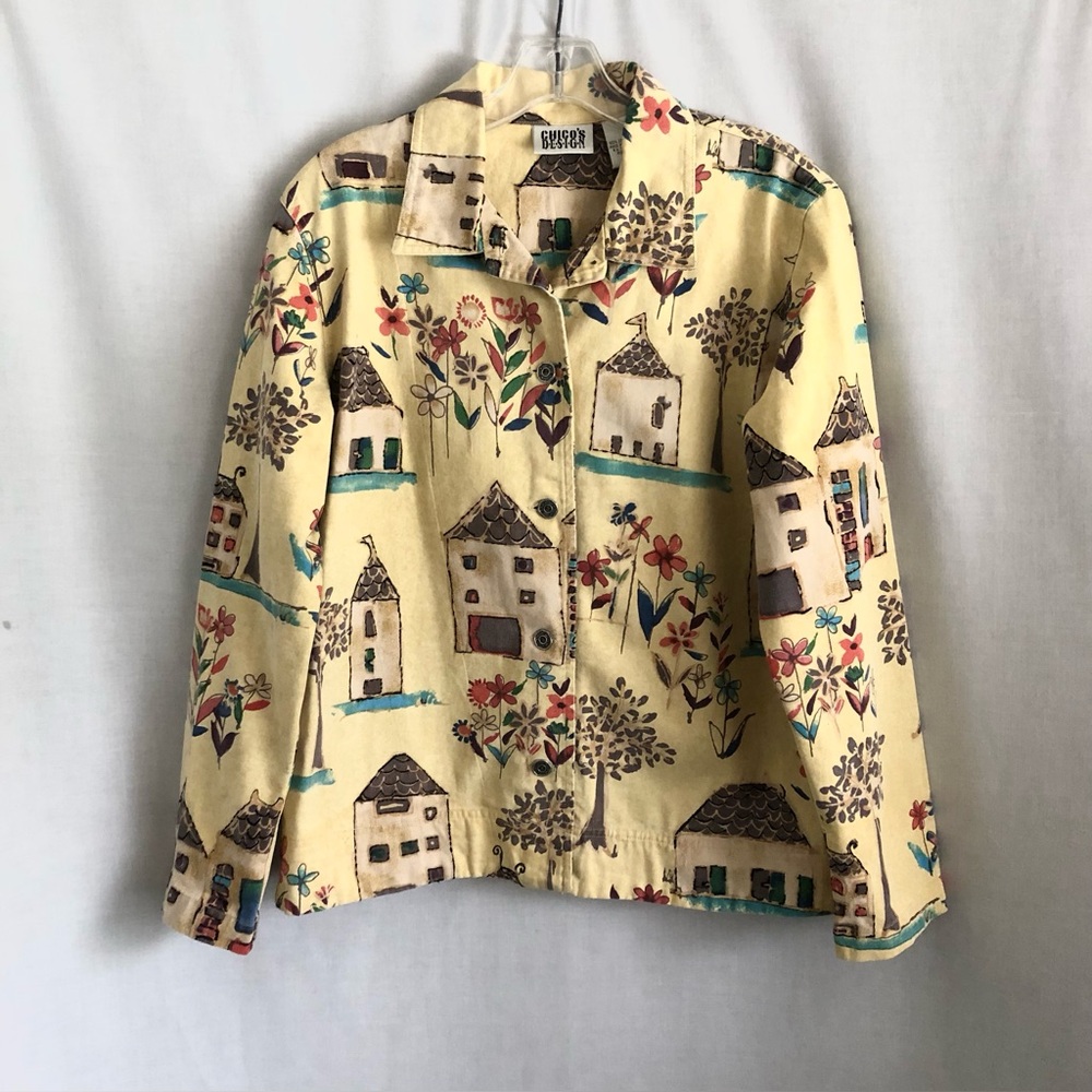 Chico's Design Denim Jacket Whimsical Floral House Print Size M/L - Picture 2 of 13